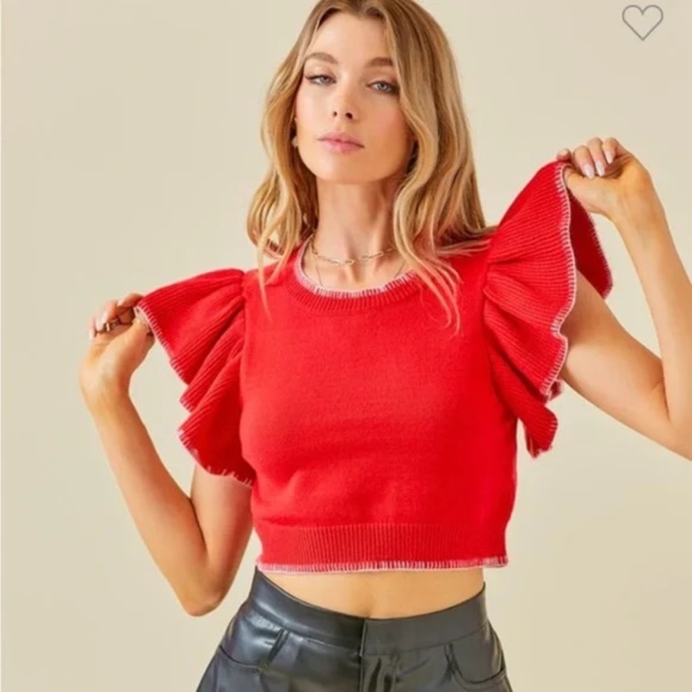 Day & Moon red cropped short, ruffled sleeved sweater with white stitching.